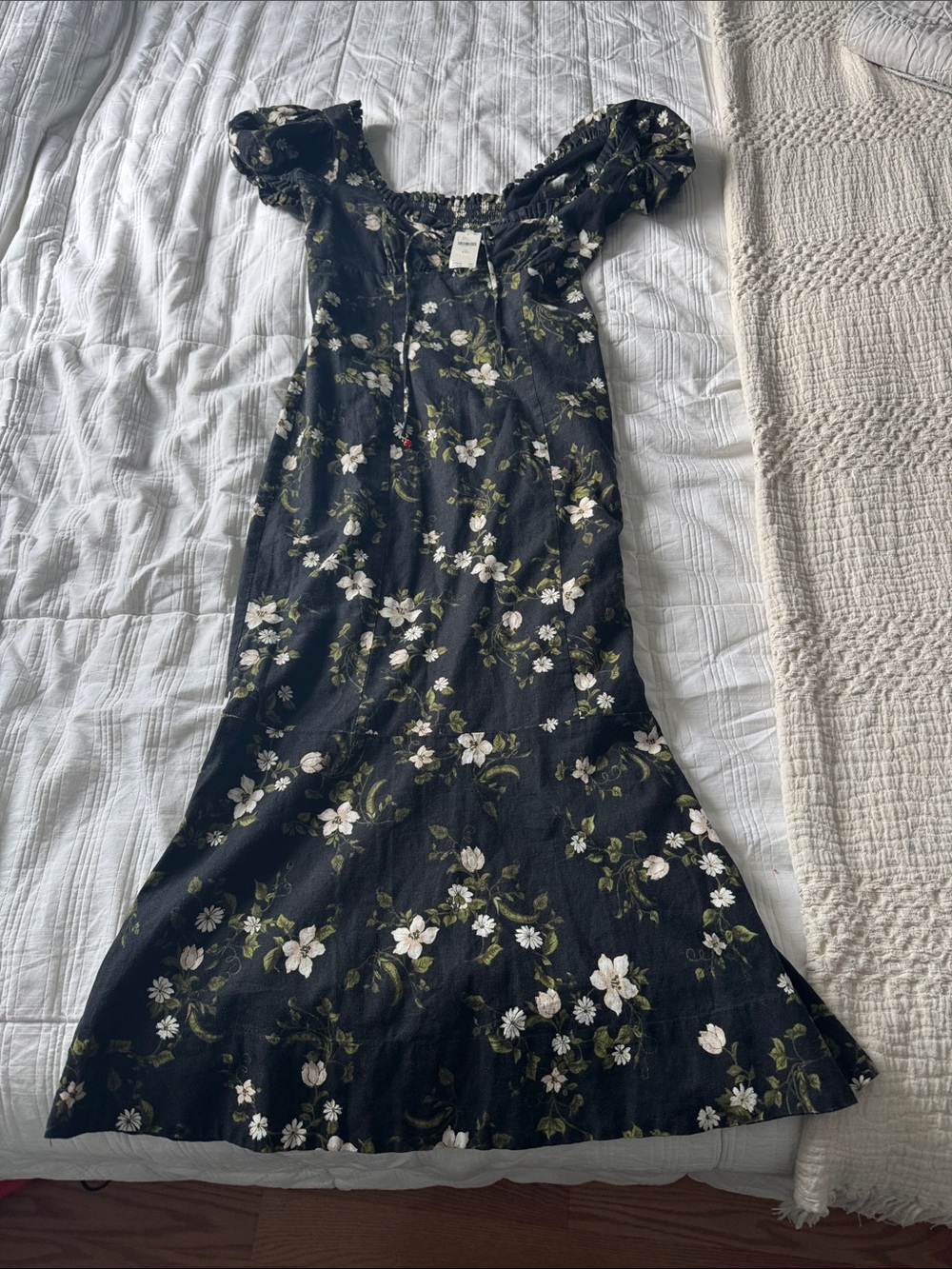 Anthropologie Black Floral Maxi Dress with Puff Sleeves